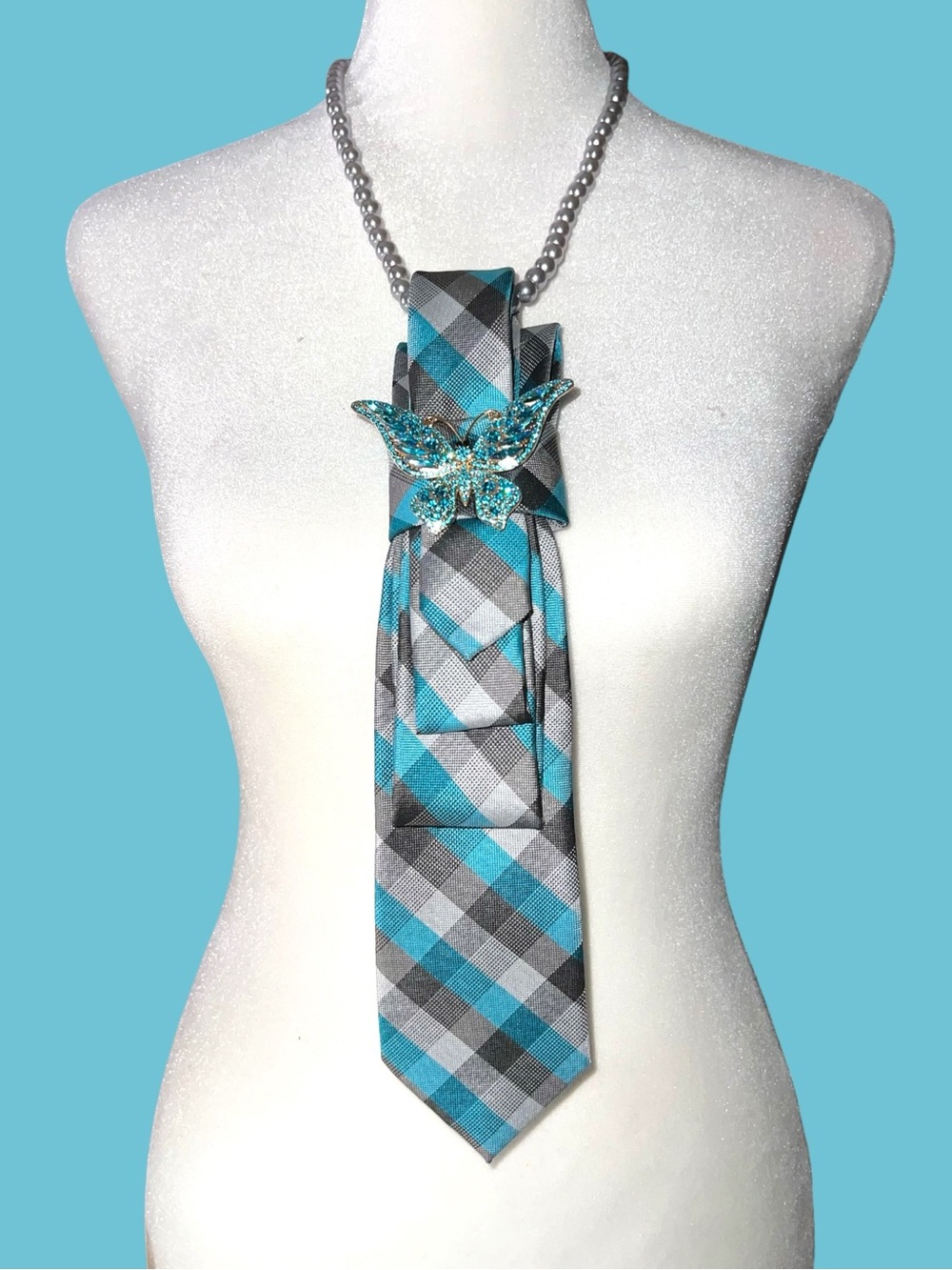 Turquoise Plaid Statement Necklace with Butterfly Accent